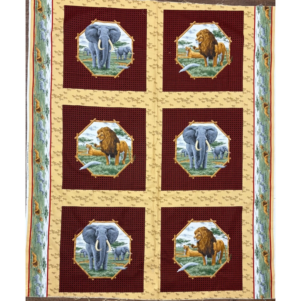 Vtg Cranston VIP Fabric Panel Joan Messmore Wild Safari African Lions Elephant